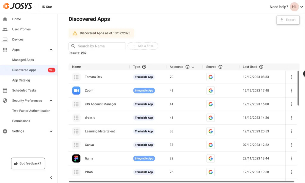 Josys SaaS Dashboard